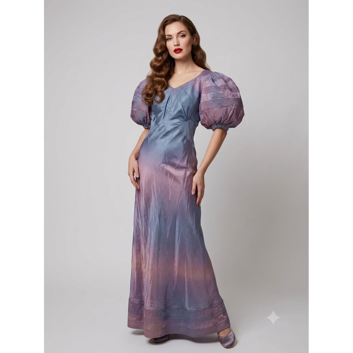 Rare Vintage 1930s Ombre Rayon Gown Puff Sleeve Old Hollywood Blue Purple Dress
